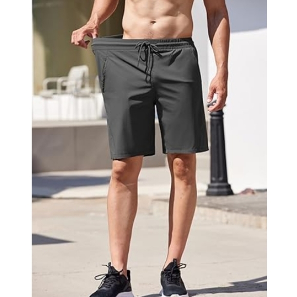 Men's Running Athletic Shorts Gym Workout Elastic Waist Dark Gray - Picture 5 of 8